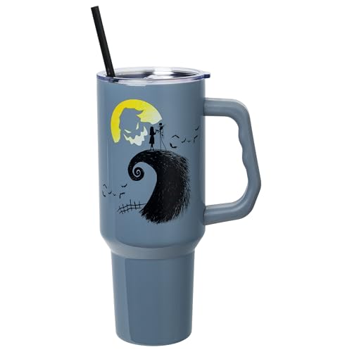 Silver Buffalo Disney Nightmare Before Christmas Featuring Oogie Boogie, Jack Skellington, and Sally Double Walled Stainless Steel Tumbler with Handle and Straw, Fits in Standard Cup Holder, 40 Ounces - color: Nightmare Before Christmas Jack and Sally