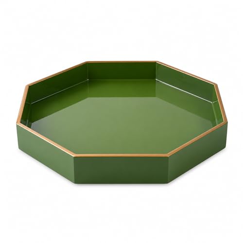 PEMAR 12.2" Octagonal Lacquer Serving Tray Decorative Basket Tray for Breakfast, Dinner, Coffee Table Decor (Green)