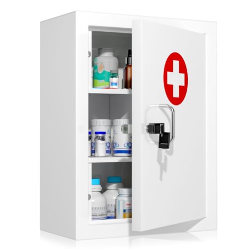 Locking Medicine Cabinet Wall-Mount: Storage Cabinet with Lock & Key - White Metal First Aid Kits for Family Safety and Childproofing - color: Matte White