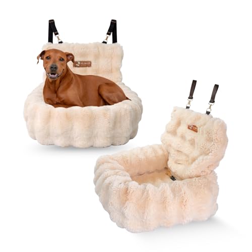 Pelsbarn Luxurious Cozy Car Bed - Small Luxury Travel Dog Bed with Safety Belt - Ultra Soft Faux Fur - Beige - color: Beige, size: Small