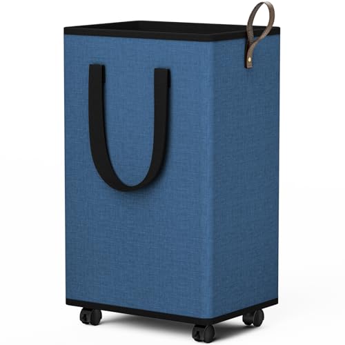 SpaceTrove Laundry Basket with Wheels, Collapsible Laundry Baskets, Laundry Hamper with Handles Detachable Wheels, Rolling Laundry Basket, Dirty Clothes Hamper for Bathroom, Dorm, Bedroom, Navy, 80L - color: Navy, size: 80L
