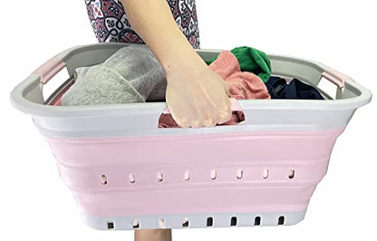 SAMMART 42L (11 gallon) Collapsible Plastic Laundry Basket - Foldable Pop Up Storage Container/Organizer - Portable Washing Tub - Space Saving Hamper/Basket (Grey/Pale Pink) - color: Grey/Pale Pink