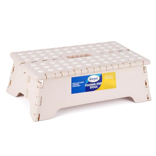 Korpai 5" Folding Step Stool for Adults and Kids 15-Inch Extra Wide Stool Holds Up to 300 lbs,Non-Slip Folding Stools with Handle,Compact Plastic Foldable Step Stool for Bathroom,Kitchen,ect, Khaki - color: Khaki, size: 5 Inch