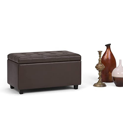 SIMPLIHOME Cosmopolitan Storage Ottoman - 34 inch Wide Upholstered Vegan Leather Rectangle Storage Ottoman Bench in Chocolate Brown, Transitional Tufted Ottoman for Living Room with Lift-Up Lid - color: Chocolate Brown