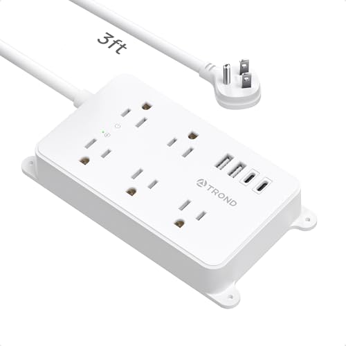 TROND Power Strip Surge Protector, 3ft Extension Cord Flat Plug, 5 Widely-Spaced Outlets with 2 USB A and 2 USB C, ETL Listed, Wall Mountable, 1300J, for Bedroom Office Kitchen, White - color: White, size: 3ft, style: 5 Outlets