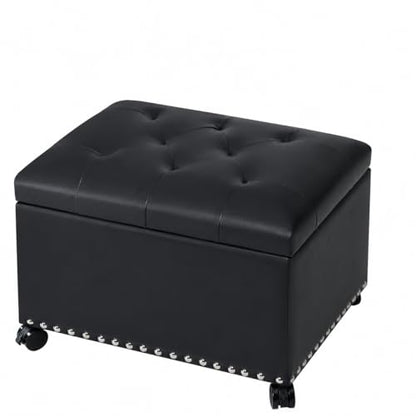 Leather Storage Ottoman,24’’Foot Rest Ottomans with Wheels and Hinged Lid Rectangle Upholstered Foot Stools Nailhead Trim for Living Room Bedroom,Black - color: Black With Wheels
