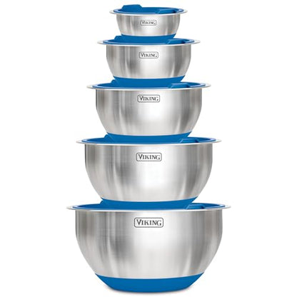 Viking Mixing Bowls Set, 10 Piece Stainless Steel Kitchen Cookware, Non-Slip Silicone Base, Includes Tight Fit Lids, Dishwasher Safe, Blue - color: Blue