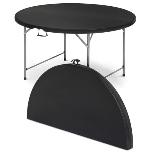 OS MOTOR 4ft Round Folding Table with Carry Handle, Portable Heavy Duty Plastic Utility Table with Steel Legs for Party, Wedding, Camping, Indoor, Outdoor Event, 48 Inch, Black - color: Black, size: 48" Diameter