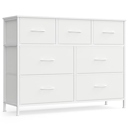 SONGMICS BELLAH Collection - Dresser for Bedroom, Chest of Drawers, Storage Organizer Unit, Closet, Entryway, Steel, 7 Drawers, Modern, Cloud White and Snow White ULGS323W01S - color: Cloud White + Snow White, size: 11.8"D x 38.9"W x 29"H (7 Drawers)