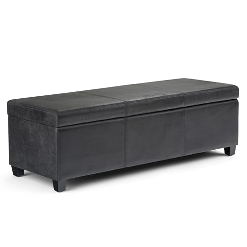 SIMPLIHOME Avalon Storage Ottoman Bench - 48" Wide x 16" High Upholstered Vegan Leather Rectangular Lift-Top Ottoman in Distressed Black, Contemporary Bench for Living Room with High-Density Foam - color: Distressed Black, size: 18"D x 48"W x 16"H