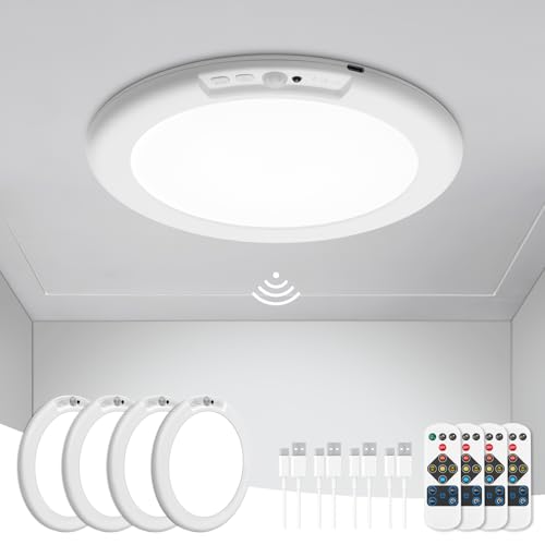 wowatt 4Pcs Battery Operated Ceiling Lights Rechargeable Motion Sensor Light Indoor Wireless Shower Light with Remote 3000K 4500K 6500K 7.48in Dimmable Timing Motion Activated Lamp for Closet Shower - color: 3CCT-Round, size: 4 Pack