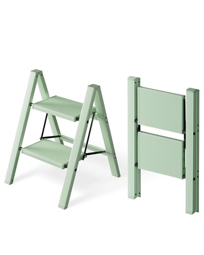 HillhutApex 2 Step Ladder, Lightweight Portable 2 Step Stool with Anti-Slip Wide Pedal, 330lbs Capacity Aluminum Ladder for Household,Office,Library(Pale Green) - color: Pale Green, size: 2 Step