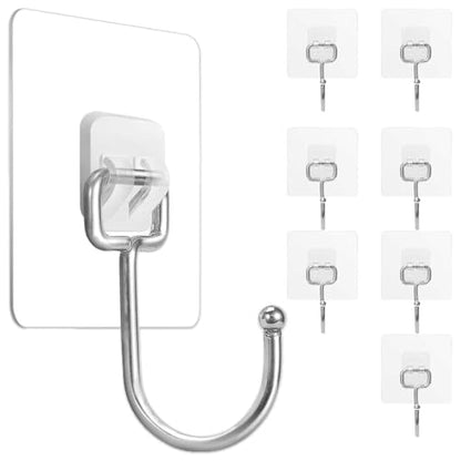 Large Adhesive Hooks 22Ib(Max),Waterproof and Rustproof Wall Hooks for Hanging Heavy Duty,Stainless Steel Towel and Coats Hooks to use Inside Kitchen Bathroom Home and Office 8 Pack (Transparent)