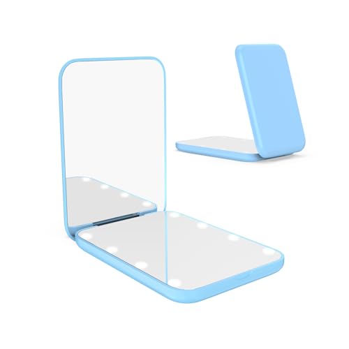WOBSION Small Mirror with Lights,LED Compact Makeup Mirror,1x/3x Mini Travel Mirror with Magnification,Portable for Purse,Pocket,Gifts for Girls,Blue - color: Blue