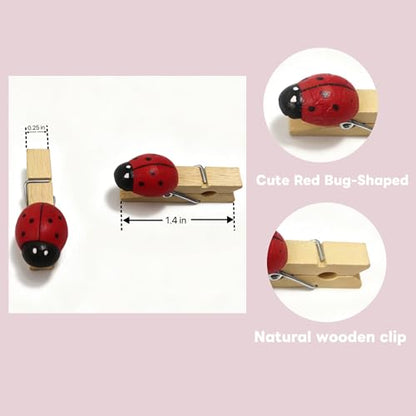 2 Sets Cute Ladybug Photo Clips with Hanging Strings, 24Pcs Mini Wooden Clips and 2 Jute Ropes for Picture Display,Small Pins for Notes Clothes Carfts Home Party Decoration Garland Gifts