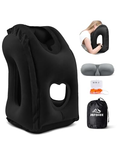 Inflatable Travel Pillow, Airplane Neck Pillow Comfortably Supports Head and Chin for Airplanes, Trains, Cars Office Napping on The Tray Table (Black) - color: Black(standard)