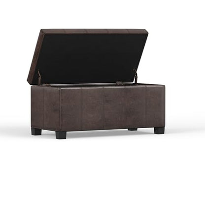 SIMPLIHOME Dover Storage Ottoman Bench - 36 inch Wide Upholstered Vegan Leather Rectangular Lift-Top Ottoman in Distressed Brown, Contemporary Bench for Living Room with Safety Hinges - color: Distressed Brown