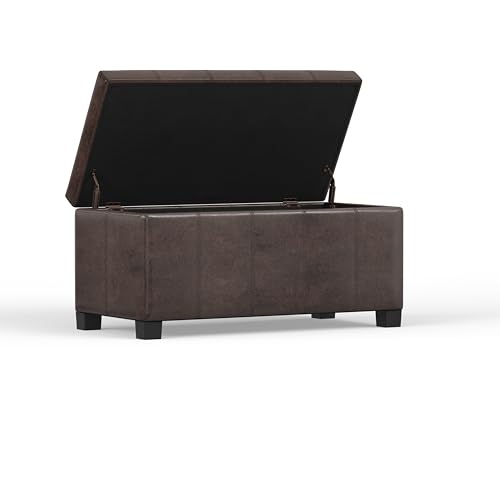 SIMPLIHOME Dover Storage Ottoman Bench - 36 inch Wide Upholstered Vegan Leather Rectangular Lift-Top Ottoman in Distressed Brown, Contemporary Bench for Living Room with Safety Hinges - color: Distressed Brown