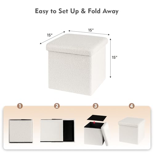B FSOBEIIALEO Small Storage Ottoman Cube Sherpa Ottomans Foot Rest, Foldable Boucle Ottoman, Faux Teddy Fur, Cream White 15"x15"x15" - color: White, size: 15"x15"x15"