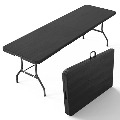 VINGLI 8 Foot Plastic Folding Table Portable Long Table for Indoor Outdoor Use Rectangular with Carrying Handle, Black - color: Black, size: 8 ft
