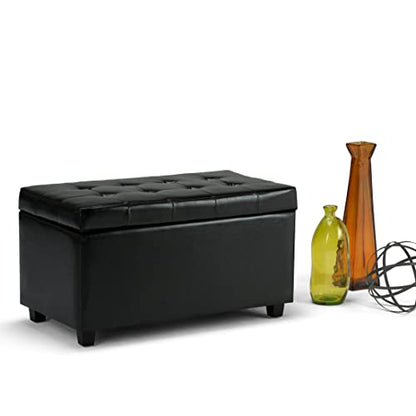 SIMPLIHOME Cosmopolitan Storage Ottoman - 34 inch Wide Upholstered Vegan Leather Rectangle Storage Ottoman Bench in Midnight Black, Transitional Tufted Ottoman for Living Room with Lift-Up Lid - color: Midnight Black