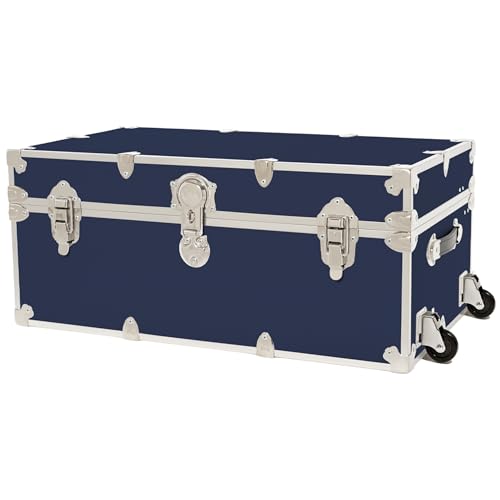 Rhino Trunk & Case Classic Large Trunk With Wheels 32"x18"x14", 1500+ lbs Capacity - Many Colors, Soft-Close Lid. Strong, USA Made Summer Camp Footlocker and Secure College Dorm Storage Chest - color: Navy Blue, size: 32" With Removable Wheels