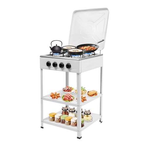 4 Burner Gas Stove Set with Support Leg Stand, Portable Natural Gas Stove with 4 Burners, Camping Cookware Set for Outdoor Cooking Camping (Without connecting hose) (White)