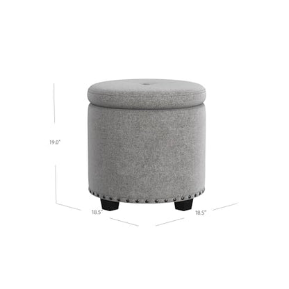 HomePop 18.5" Round Storage Ottoman with Nailheads - Grey Woven - color: Grey Woven