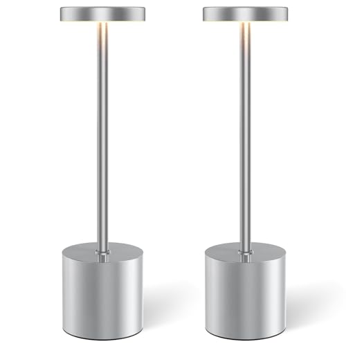 AUDLES Silver Cordless Table Lamps Set of 2, Polished Chrome Rechargeable Battery Operated Lamps for Home Office Desk & Living Room, Touch Dimmable Wireless Bedside Lamp for Bedroom Nightstand Kitchen - color: Silver(Set of 2)