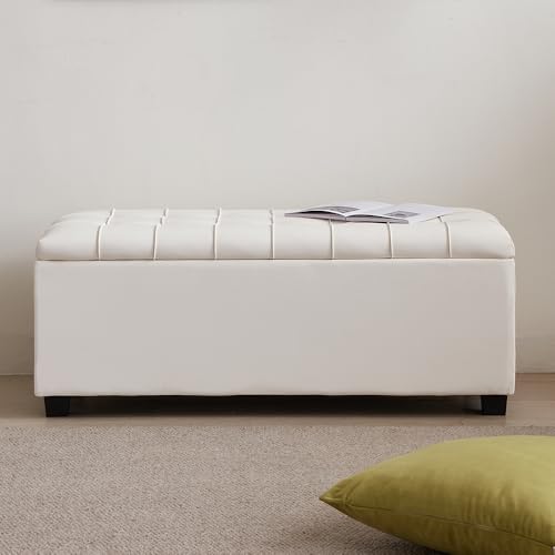 38-inch White Faux Leather Storage Ottoman Bench with Seat and Footrest Function - for Bedroom, Living Room & Entryway - color: White