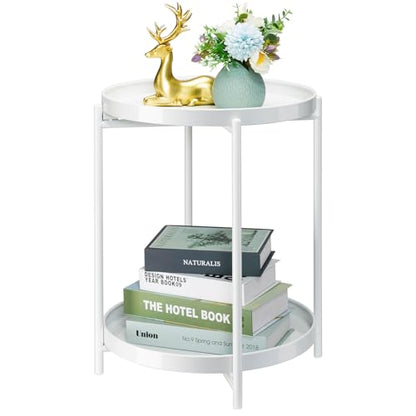 Danpinera 2 Tier Metal Side Table with Removable Tray - Round Accent Table, Anti-Rust White Nightstand for Bedroom, Balcony, Patio - color: White