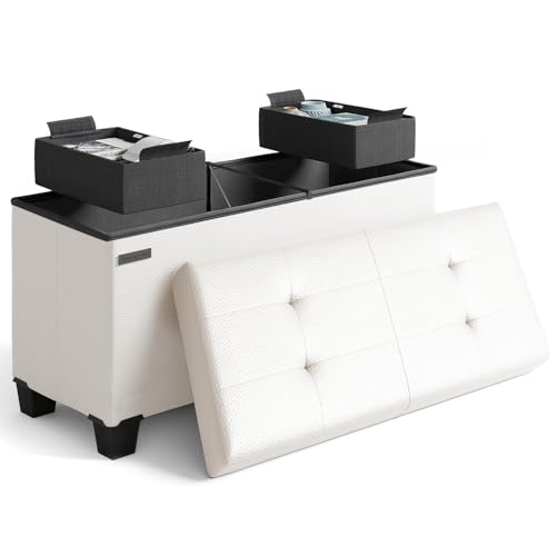 Storage Ottoman Bench with Bins, 30-in Storage Bench for Bedroom End of Bed, Folding Foot Rest Ottoman for Living Room Max 660lbs, Faux Leather Ottomans, Cream - color: 09 - Cream