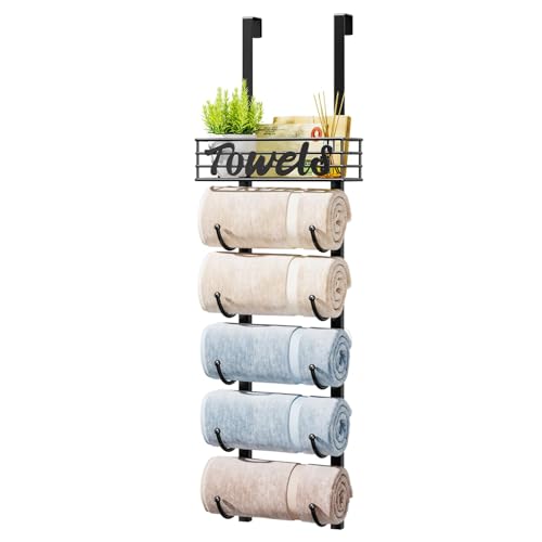HapiRm Towel Racks for Bathroom Storage - 6 Tier Over The Door & Wall Mount Rolled Towel Storage Organizer Holder with Metal Shelf Basket for Small Bathroom, Camper, Rv - Black, Patented - color: Black, size: 6-Tier