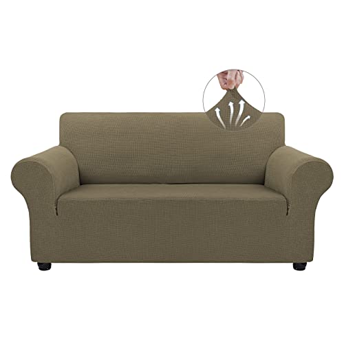 Asnomy Sofa Covers for 2 Cushion Couch Stretch loveseat Covers Slipcovers, Pet Protector Furniture Covers for Dogs Cats Spandex Jacquard Fabric Small Checks （Medium，Khaki） - color: Khaki, size: Medium
