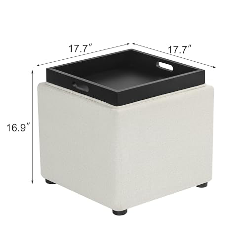 Adeco 17 inch Faux Leather Storage Ottoman with Reversible Tray Lid, Modern Square Cube Footrest Stool & Coffee Table for Living Room, Bedroom, and Dorm, White - color: White With Tray