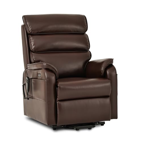 DYNOX Petite Power Lift Recliner Chair for Small & Slim Users, Dual Motor 180° Lay Flat, Back Massage & Heated Seat & Lumbar, USB-A&C, Faux Leather, 300 lbs Capacity (9188S, Brown) - color: Faux Leather Brown, size: Small - Regular