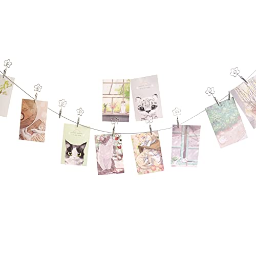 Multi-Purpose Steel Wall Hanging Photo Display Cable Wire Rod with 12 Adjustable Clips for Hanging Photos Notes Postcard and Artworks (Flower) - size: Flower