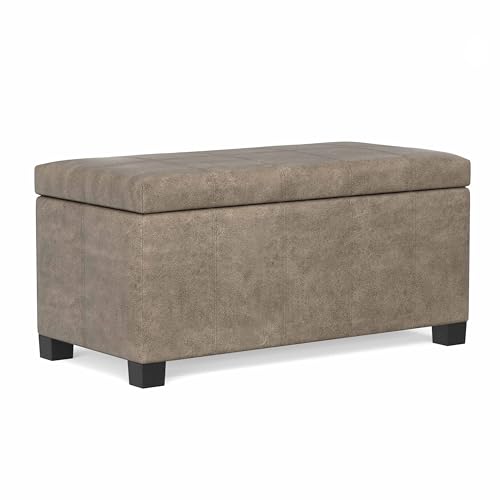 SIMPLIHOME Dover Storage Ottoman Bench - 36 inch Wide Upholstered Vegan Leather Rectangular Lift-Top Ottoman in Distressed Smoky Grey Brown, Contemporary Bench for Living Room with Safety Hinges - color: Distressed Smoky Grey Brown