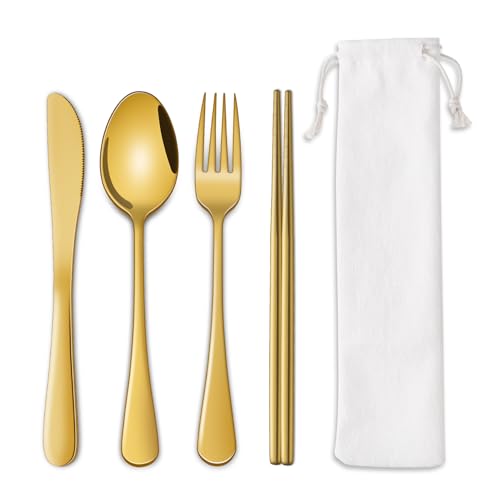 DEHOV Gold Travel Utensils Set With Pouch,Outdoor Camping Silverware Set For Picnic Gadgets,Set Of 5 Portable Cutlery Spoon And Fork Set With Case For Dining - color: Gold
