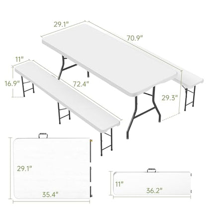 Real Relax 6' Picnic Table with 2 Benches, 3 Piece White Portable HDPE Folding Camping Table and Benches for Courtyard, Garden, Outdoor Leisure, Party - color: White