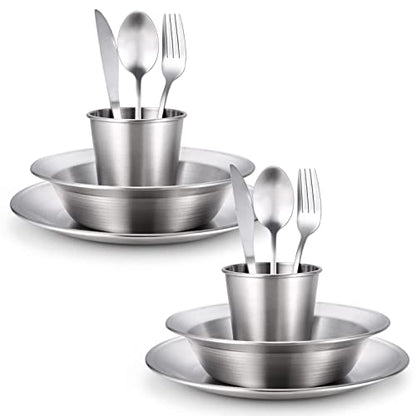 Odoland Stainless Steel Camping Mess Kit for Family & Person, Cooking Tableware Utensils with Plates Bowls Forks Spoons Knives & Savings Bag for Camping, Backpacking, Hiking, Picnic - style: 2 Person Set