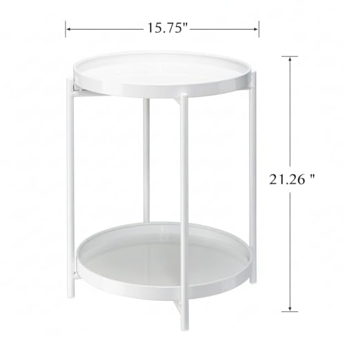 Danpinera 2 Tier Metal Side Table with Removable Tray - Round Accent Table, Anti-Rust White Nightstand for Bedroom, Balcony, Patio - color: White