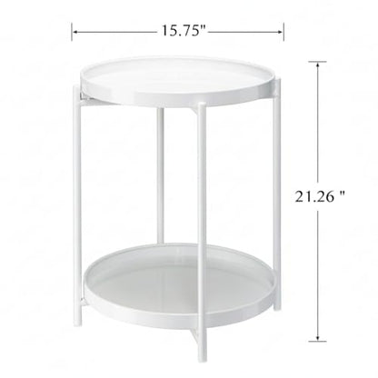 Danpinera 2 Tier Metal Side Table with Removable Tray - Round Accent Table, Anti-Rust White Nightstand for Bedroom, Balcony, Patio - color: White