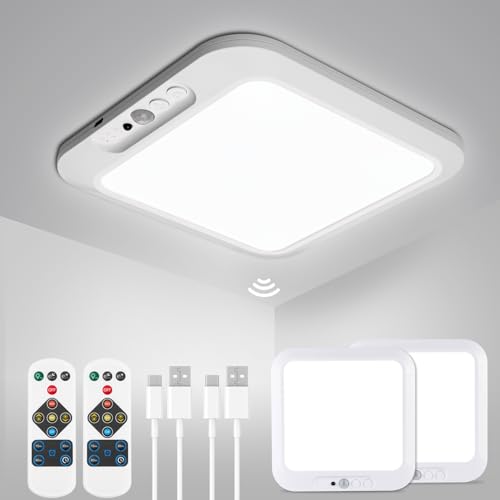 wowatt 2Pcs Rechargeable Battery Operated Ceiling Light, Motion Sensor Light Indoor Wireless Shower Lamp with Remote 3000K 4500K 6500K Dimmable Timing for Closet, Shower, Hallway, Patio - color: 3CCT-Square, size: 2 Pack