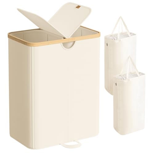 SONGMICS Laundry Hamper with Lids, Laundry Basket with 2 Compartments, 39 Gal. (150 L), Removable Liner Bag, for Laundry Room, Bedroom, Living Room, Cream White and Light Bamboo ULCB523W01 - color: Cream White, size: 150L (2-Section with Double Lid)