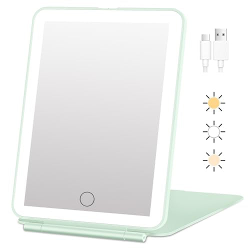 FUNTOUCH Rechargeable Travel Makeup Mirror with Lights, Portable 72 Led Lighted Makeup Mirror, 3 Color Lighting, Dimmable Touch Screen, Type C, Tabletop LED Folding Cosmetic Vanity Mirror - color: Cyan