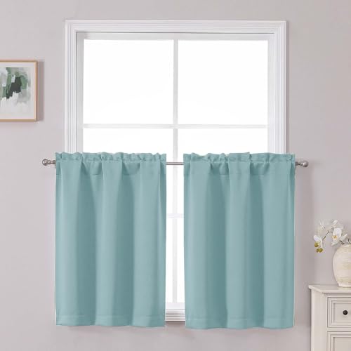 Chyhomenyc Short Aqua Curtains 30 Inch Length, Small Kitchen Curtain Rod Pocket Half Window Curtains for Basement Cabinet Camper RV Bunk, 2 PCS, Each 30Wx30L, Aqua - color: Aqua, size: 30"W x 30"L (Pack of 2)