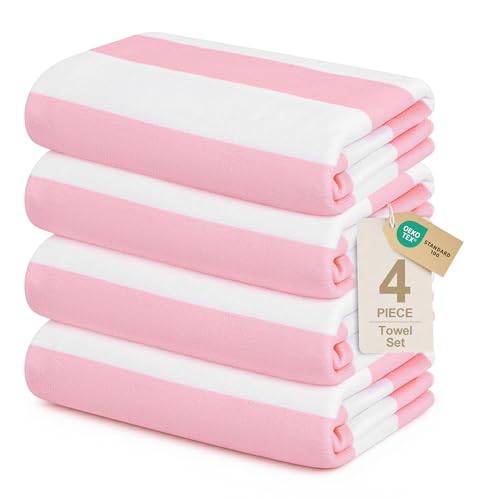 Touchat 4 Pack Beach Towels Cabana Stripe Polyester Lightweight Quick-Dry Swim Pool Towel, 30'' x 60'' Oversized Compact Travel Bath Towel, Camping | Ultra-Portable, Multi-Functional, Pink - color: Pink 4pack