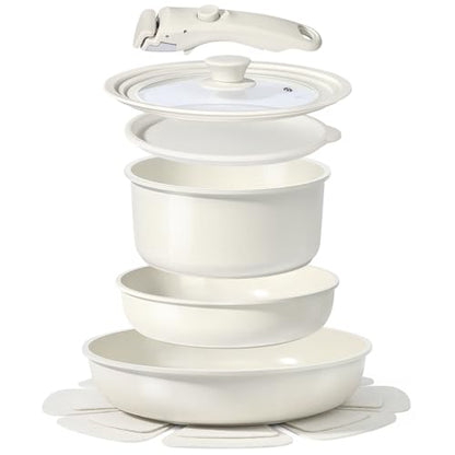 GiPP Ceramic Pots and Pans Set Non Stick, Nonstick Detachable Handle Cookware Sets, Healthy Non Toxic PFAS PFOA & PTFE Free, Dishwasher ＆Oven Safe, Induction Kitchen Pot and Pan, 8 Piece Cream - color: White, size: 0802