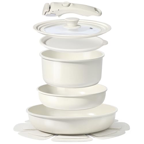 GiPP Ceramic Pots and Pans Set Non Stick, Nonstick Detachable Handle Cookware Sets, Healthy Non Toxic PFAS PFOA & PTFE Free, Dishwasher ＆Oven Safe, Induction Kitchen Pot and Pan, 8 Piece Cream - color: White, size: 0802